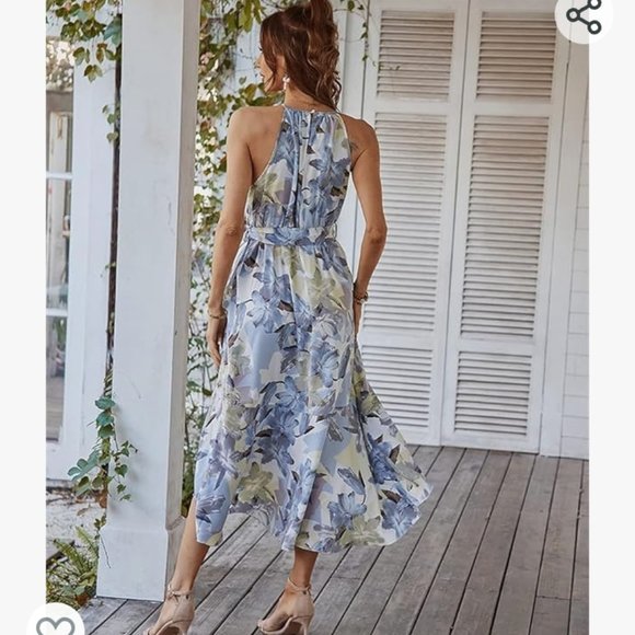 Pastel Blue Floral Wrap & Ruffled Halter Neck Sleeveless Belted Dress - Picture 4 of 15